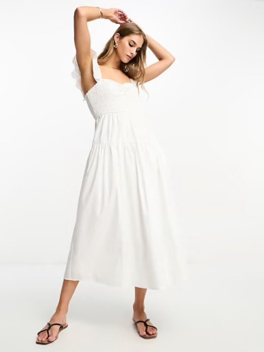 Abercrombie & Fitch Poplin Ruffle Strap Smocked Midi Dress in White
